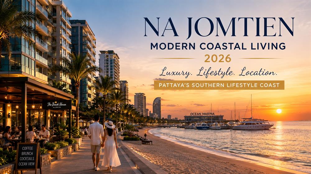 Contemporary beachfront condos, Ocean Marina in the distance, couples walking at sunset, upscale cafés